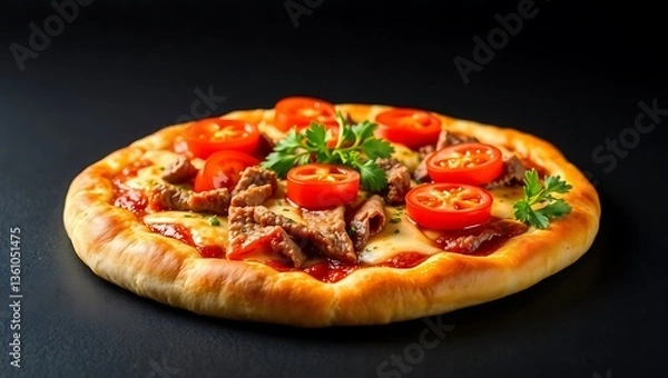 Fototapeta "Turkish Pide with Beef, Tomatoes, and Cheddar on a Black Background"