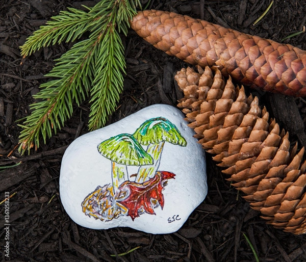 Obraz Parrot Toadstools Painted Rock on Pine Mulch Background