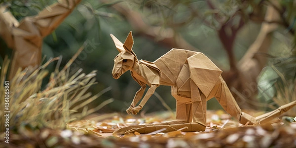 Obraz Paper kangaroo in a serene woodland setting surrounded by trees, blending creativity and nature  
