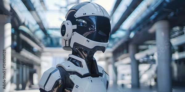 Obraz Sleek robot in a modern city hall surrounded by futuristic architecture and digital displays  
