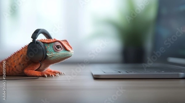 Fototapeta Colorful Lizard with Headphones near a Laptop on a Wooden Table