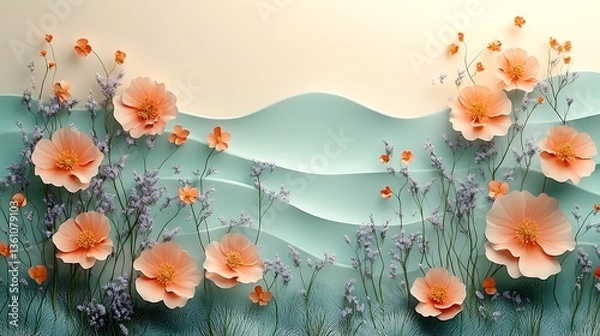 Obraz Peach Blossoms and Delicate Lavender Sprigs on Teal Waves