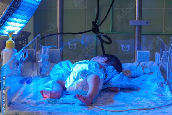 Obraz Newborn baby with hyperbilirubinemia under blue UV light for phototheraphy