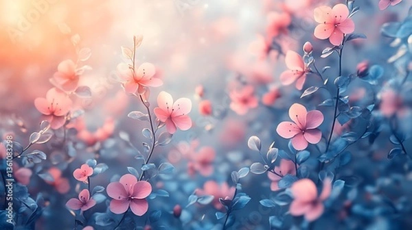 Obraz Delicate Pink Blossoms In A Soft Blue Garden