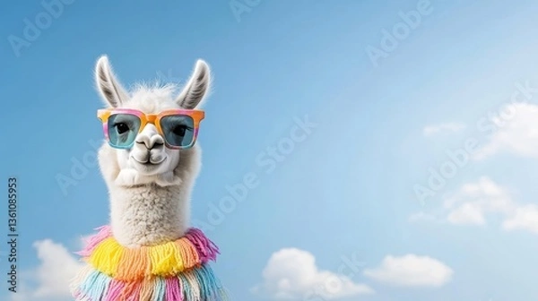 Obraz Happy llama in colorful attire with sunglasses against blue sky