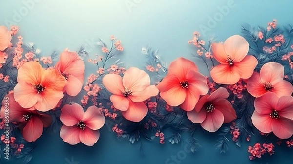 Obraz Delicate Coral Blooms Arranged Against Teal Background