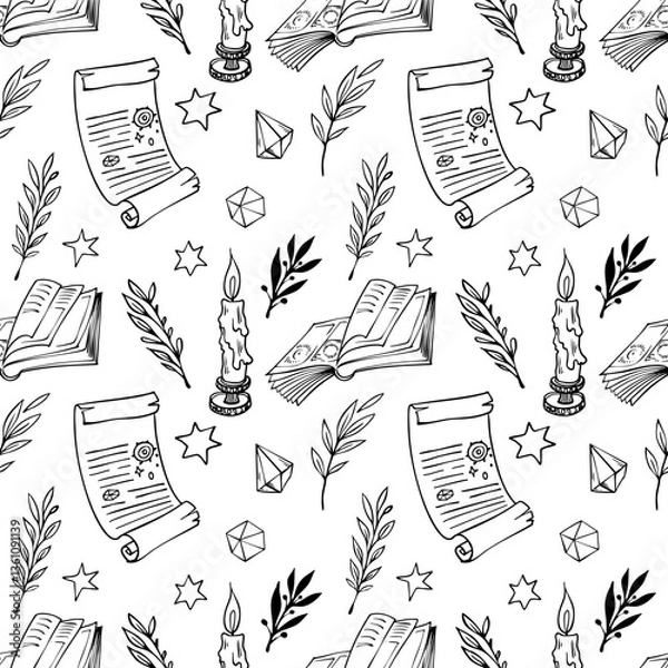 Obraz Halloween magic seamless pattern with astrology accessories. Ancient manuscript, old scroll and letters. Hand drawn sketch style. Line art. Vector background. For wallpaper, wrapping, textile prints.