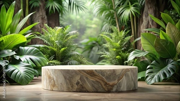 Fototapeta Elegant marble stone podium with driftwood for product display amidst lush greenery and natural textures, natural materials, podium
