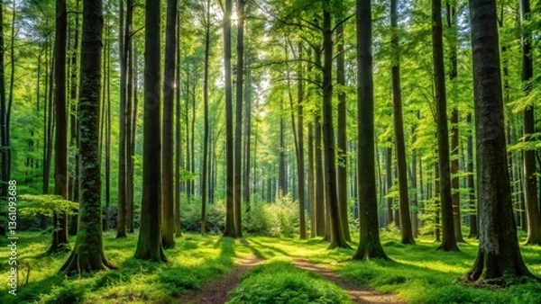 Fototapeta Dense forest with towering mature trees and saplings in various life stages , landscape, scenery,  landscape, scenery