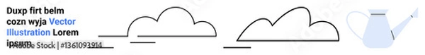 Fototapeta Simplistic cloud outlines accompanied by a blue watering can. Placeholder text for design layout. Ideal for gardening, environment, growth, nature, minimalism, design concepts, simple landing page
