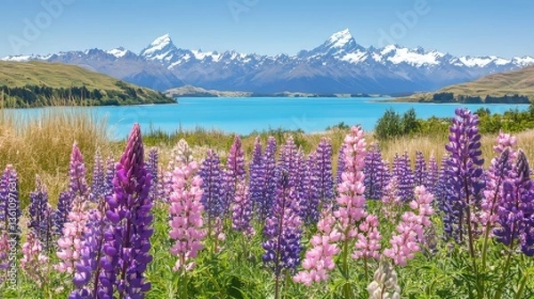 Fototapeta Breathtaking field of purple and pink lupins in full bloom with majestic snow-capped mountains reflecting in the turquoise waters of Lake Tolkien, New Zealand. Serene and picturesque natural landscape