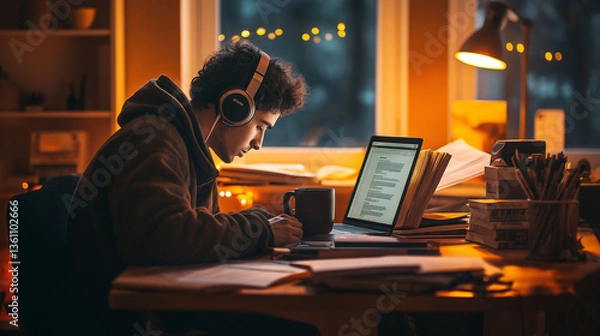 Fototapeta A student with headphones, fully immersed in study at a desk, books open, laptop showing research, coffee mug in hand, warm room lighting