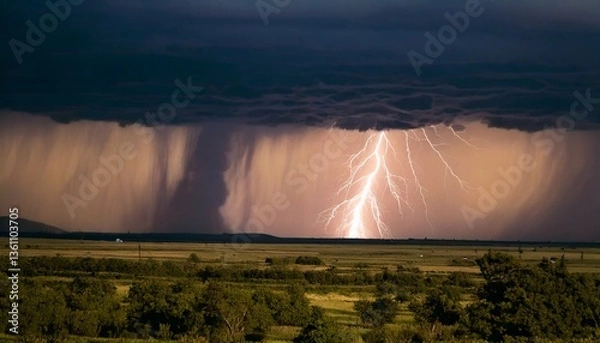 Fototapeta A tornado forming in the distance, lightning striking through the storm clouds