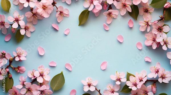 Obraz Pink cherry blossom on a pastel background. Blooming Sakura. Spring flowers. Beautiful Floral background for spring holiday, women's day, 8 march, mother's day, birthday