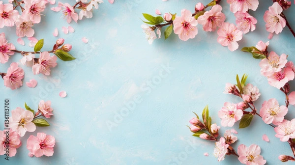 Obraz Pink cherry blossom on blue pastel background, copy space. Blooming Sakura. Spring flowers. Beautiful Floral background for spring holiday, women's day, 8 march, mother's day, birthday