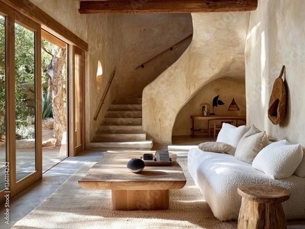 Obraz Embrace the serenity of a minimalist living room, where natural elements intertwine to create a haven of tranquility and warmth The soft textures and earthy tones evoke a sense of calm and