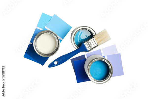 Obraz Two cans of paint with a brush next to color samples, isolated on white, PNG