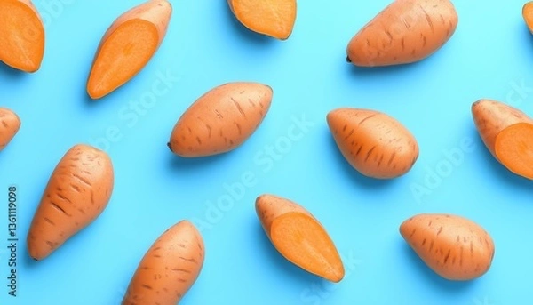 Obraz Sweet potato vegetable pattern seamless on blue solid background
