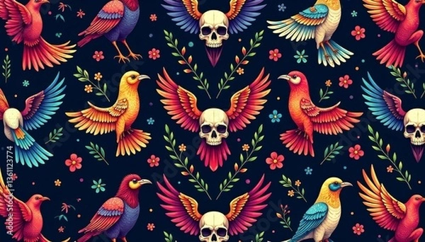 Obraz Bright skull birds repeat design for tattoo or textile print, colorful, pattern, skulls