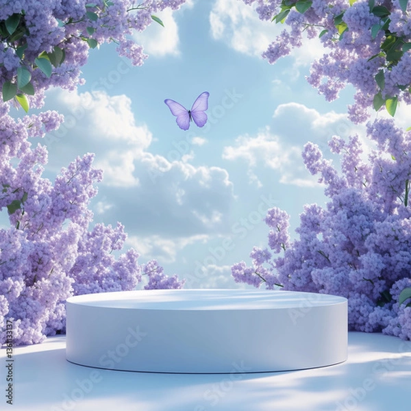 Fototapeta A dreamy and whimsical scene featuring a circular stage surrounded by vibrant purple flowers and floating butterflies