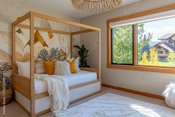 Fototapeta Step into a realm of serene sophistication with this earthy minimalist bedroom, where modern boho accents weave a tapestry of tranquility The focal point is a stunning wooden daybed, inviting