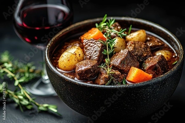 Fototapeta Hearty Beef Stew with Vegetables in a Black Bowl Served with Red Wine and Fresh Thyme on Dark Background for Cozy Dinner or Comfort Food Themes