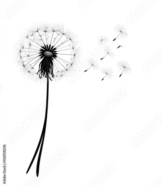 Obraz Dandelion seed head, simple black and white illustration, blowing in the wind