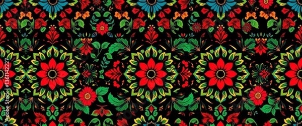 Obraz Intricate floral and geometric folk art pattern, vibrant colors, seamless repeat, ornate, background