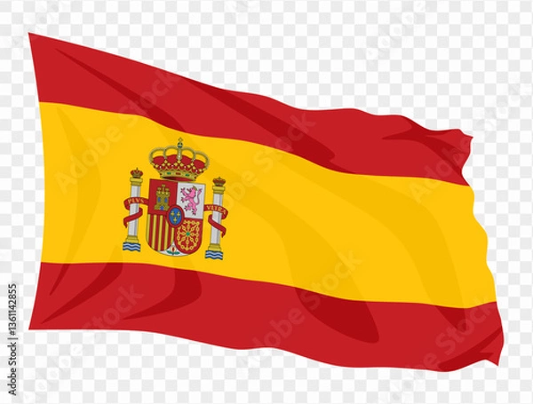 Fototapeta Waving Spain flag isolated on transparent PNG background. Perfect for designs, presentations, or digital projects, showcasing the iconic red and yellow flag symbolizing Spain's heritage and unity
