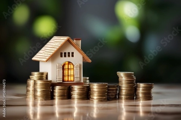 Fototapeta Miniature House Model on Coin Stacks for Investment and Finance Concept