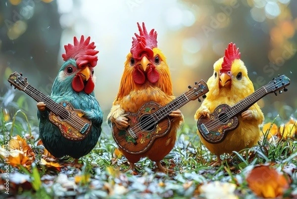 Obraz Colorful Chickens Playing Guitars in Autumn Forest Surrounded by Leaves, Creating a Playful and Whimsical Atmosphere for Fun and Imagination