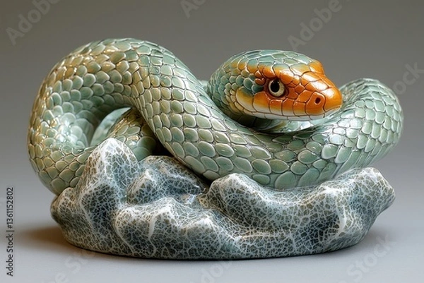 Obraz Exquisite Ceramic Sculpture of a Green Snake Coiled Around a Rock with Intricate Detailing and Glossy Finish, Perfect for Home Decor and Art Collectors