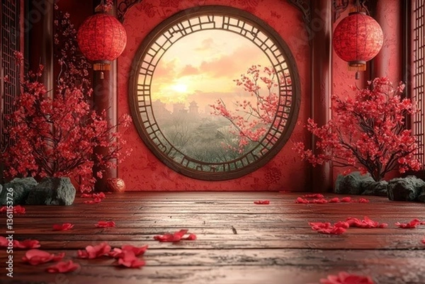 Obraz Serene Interior of a Traditional Asian Room with Cherry Blossom Trees, Red Lanterns, and a Scenic View Through a Circular Window at Sunset