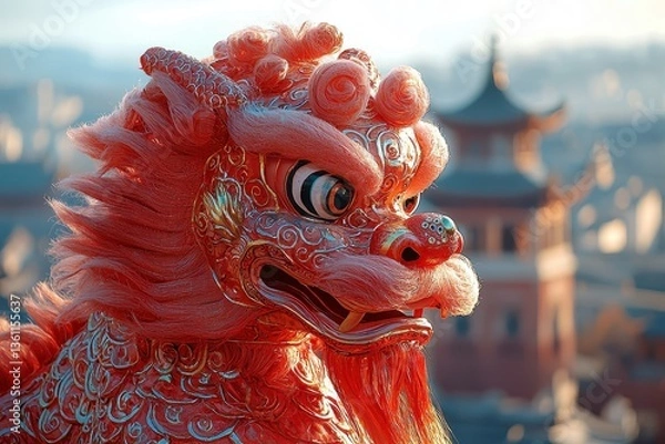 Obraz Majestic Traditional Lion Dance Costume Displaying Intricate Details and Vibrant Colors, Set Against a Scenic Backdrop of Ancient Architecture and Cultural Heritage