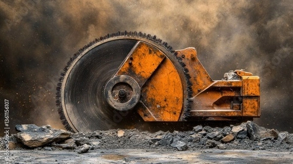 Obraz Powerful industrial circular saw cutting through rocks and stone, dust and debris flying.