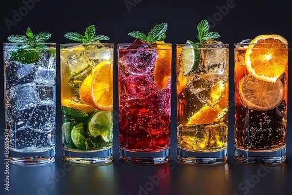 Obraz Refreshing Assortment of Colorful Beverages in Crystal Clear Glasses with Ice Cubes and Citrus Slices Perfect for Summer Parties and Celebrations
