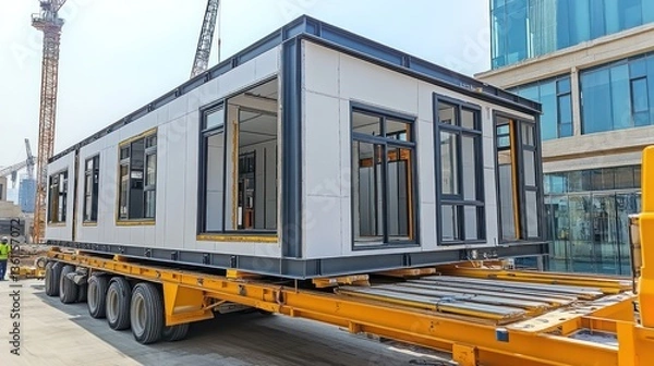 Obraz Prefabricated modular building on flatbed trailer.