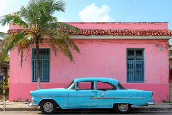 Obraz Vintage Blue Car Parked in Front of a Bright Pink House with Palm Trees Under a Clear Sky in a Tropical Setting, Capturing the Essence of Classic Automotive Style and Island Life