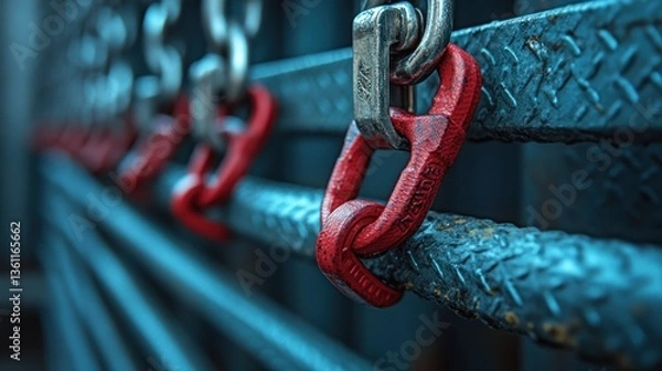Obraz Red shackles securing chains on metal bars.