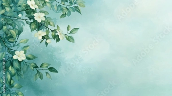 Fototapeta Serene white flowers and lush green leaves, a beautiful natural background image for design inspiration