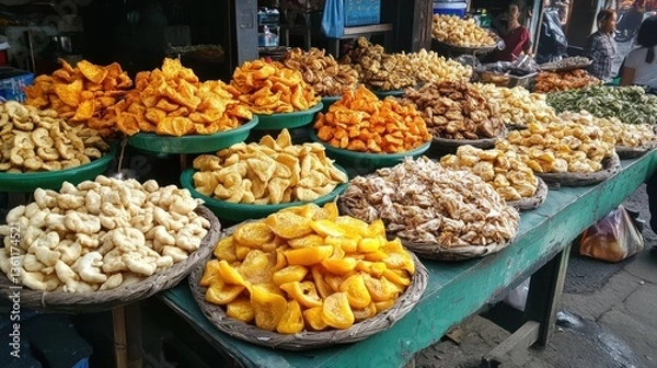 Fototapeta Various dried food items are displayed in an open market stall