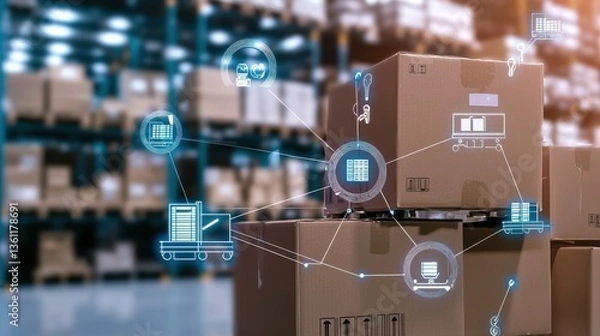 Fototapeta Logistics and distribution warehouse management system with automated digital technology for efficient storage shipping