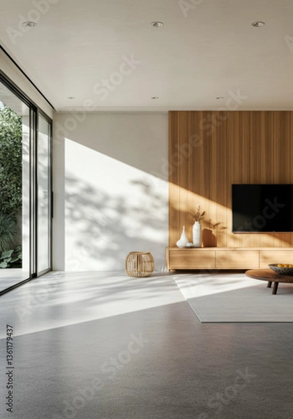 Obraz Modern Minimalist Living Room with Wood Panel Wall and Sunlight