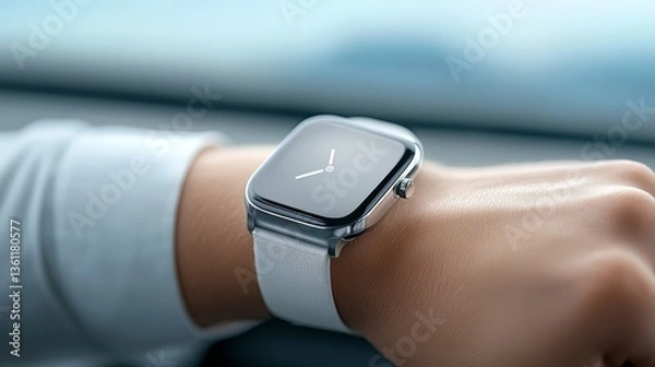 Obraz Silver smartwatch on wrist, a closeup view of modern wearable technology 