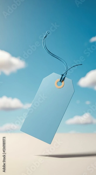 Obraz Blue Price Tag Floating Against Sky with Clouds