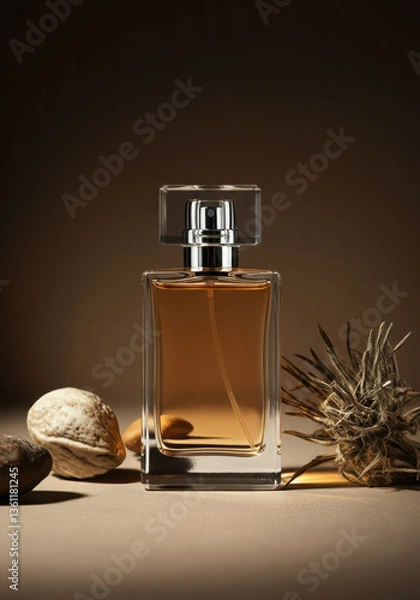 Obraz Perfume Bottle with Natural Elements on Brown Background