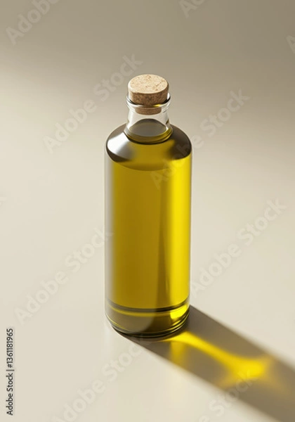Obraz A clean composition of a glass bottle filled with golden oil, casting a soft shadow on a warm-toned surface. A celebration of purity, minimalism, and premium product aesthetics.