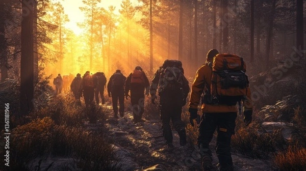 Fototapeta Hikers on a sunlit forest trail