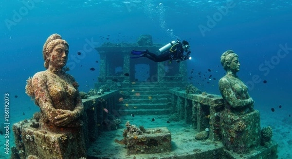 Fototapeta Underwater Scuba Diver Exploring Sunken Temple with Ancient Statues