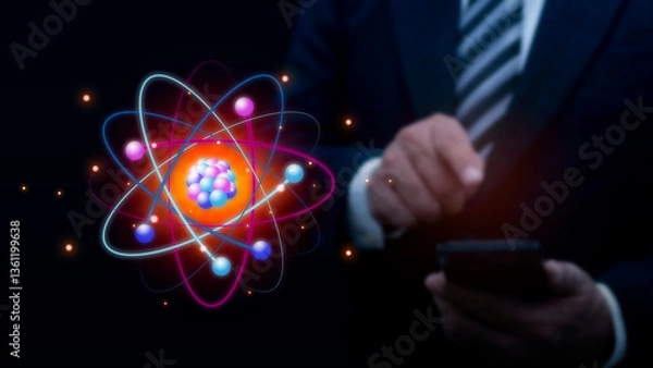 Fototapeta Businessman hand using smartphone with abstract glowing atom molecule hologram. Nuclear fusion concept, Endless energy, Cheap electricity, Future technologies. Science, Power and Innovation concept